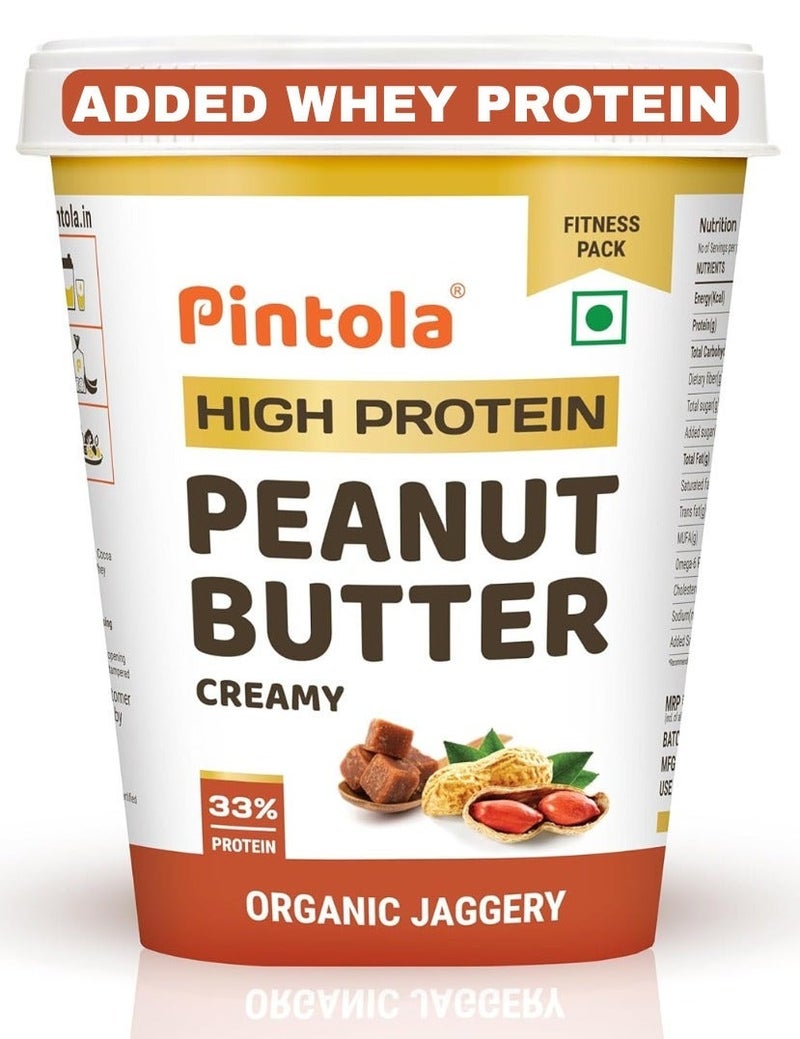PINTOLA 33G Whey Protein Added Peanut Butter | Sweetened with Organic Jaggery | 0% Refined Sugar & 0% Salt - 510g Creamy - Image 1